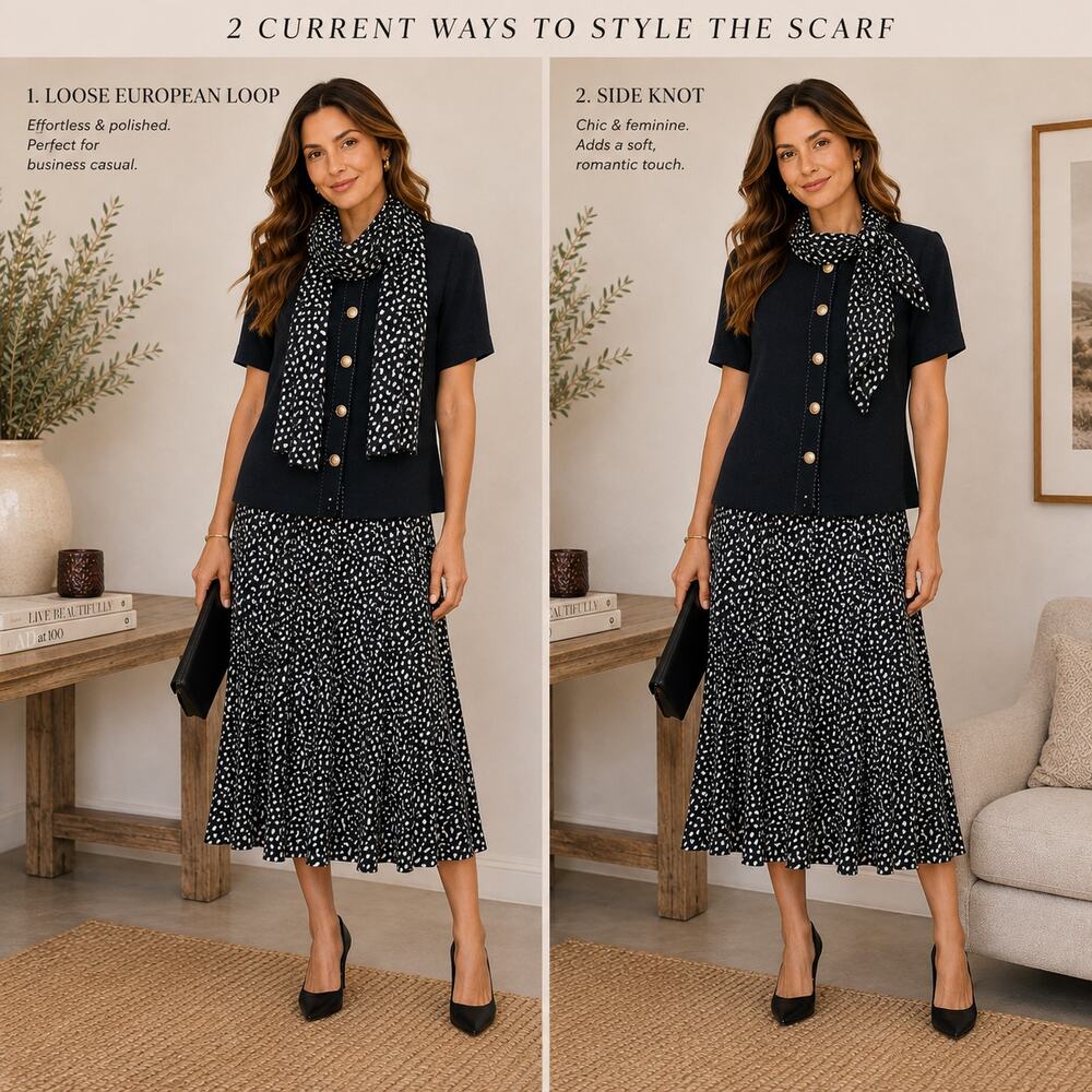 Vintage Leslie Fay Skirt Set Size 8P Top Skirt Scarf Black Cottage Praire Office